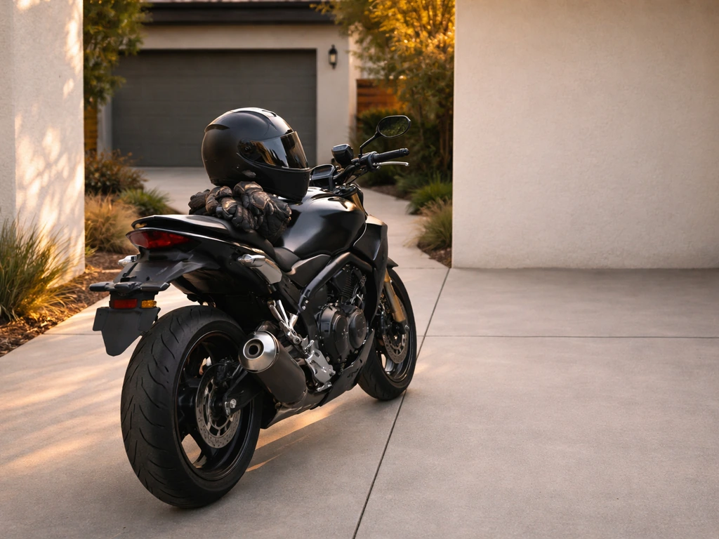 Motorcycles and riding gear on a quiet driveway, with empty space suggesting what cannot be inferred