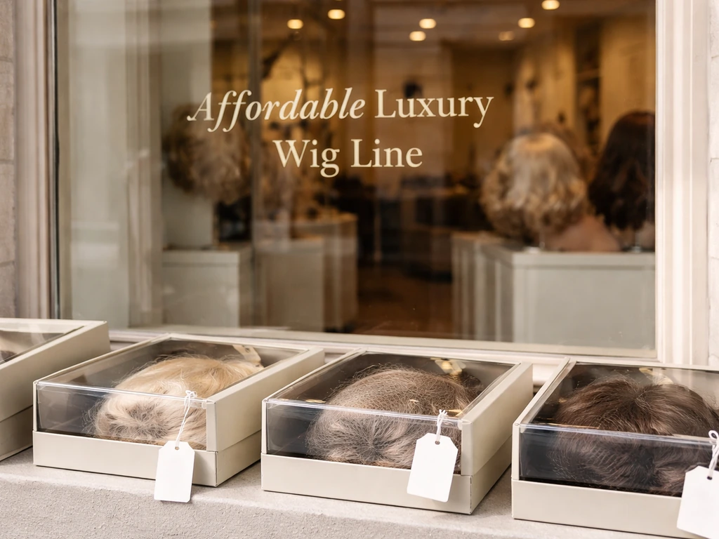 Daylit wig boutique storefront with signage and closeup wig packaging on display