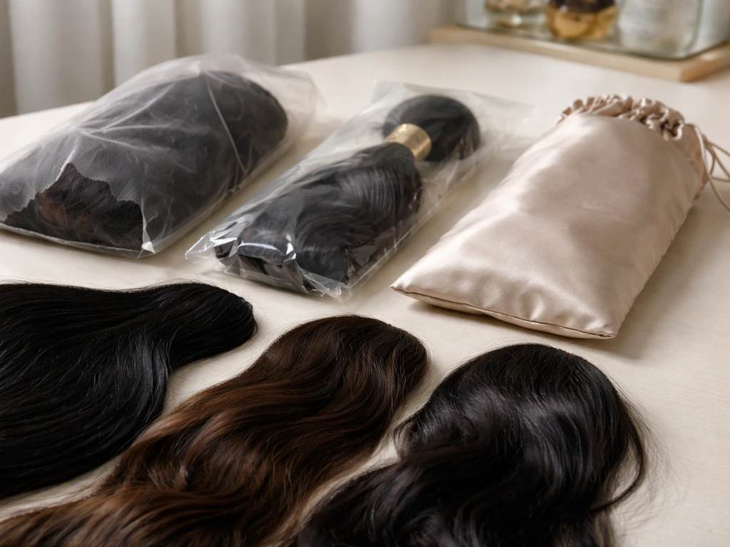 Closeup of human hair wig strands and three tiered wig pieces on a clean vanity surface