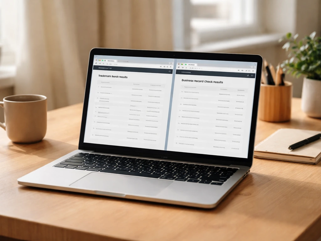 Minimal desk scene with a laptop showing USPTO-style trademark search results and a browser tab for business records.