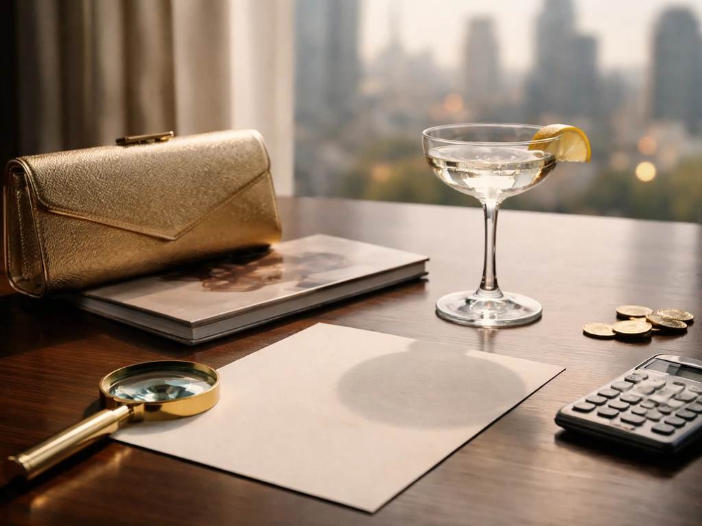 Luxury desk scene with magnifying glass and calculator symbolizing verification of actress net worth estimates