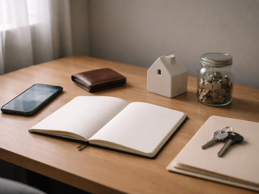Minimal desk scene symbolizing assets minus liabilities: wallet, keys, coin jar, and house-shaped bank.