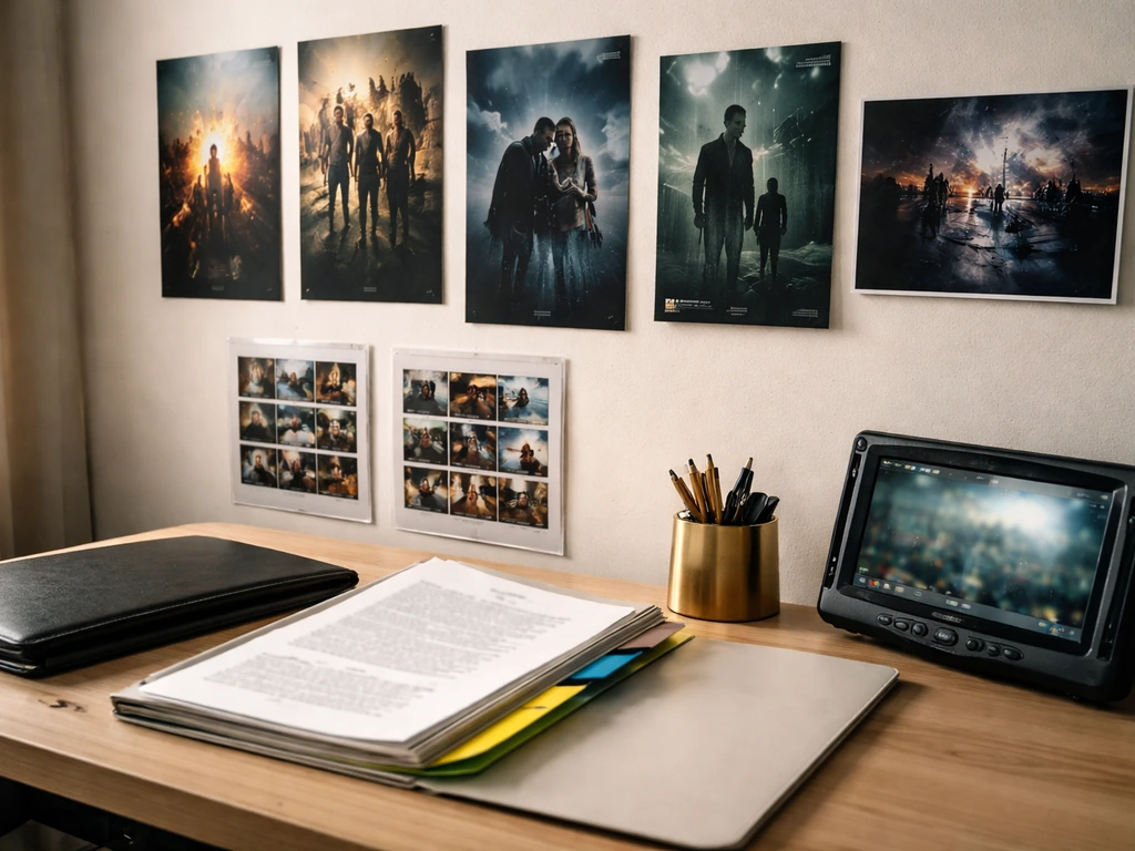 Minimal studio wall with movie/series posters, press clippings, and a production-company folder symbolizing current mome