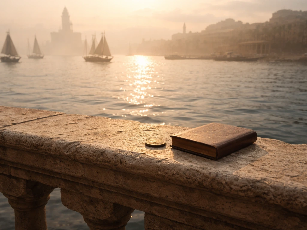 Ancient Alexandria harbor at golden hour with coins and a closed leather book on a stone ledge