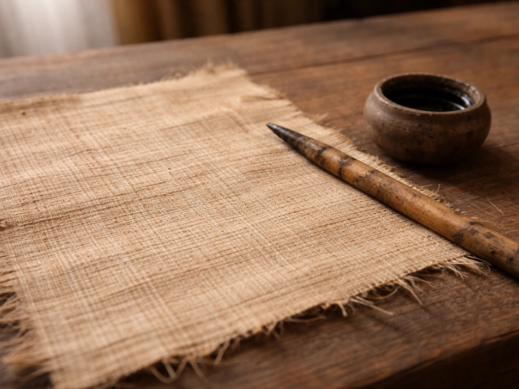 Close-up of papyrus and an ink stylus on a wooden table, showing ancient textual evidence materials.
