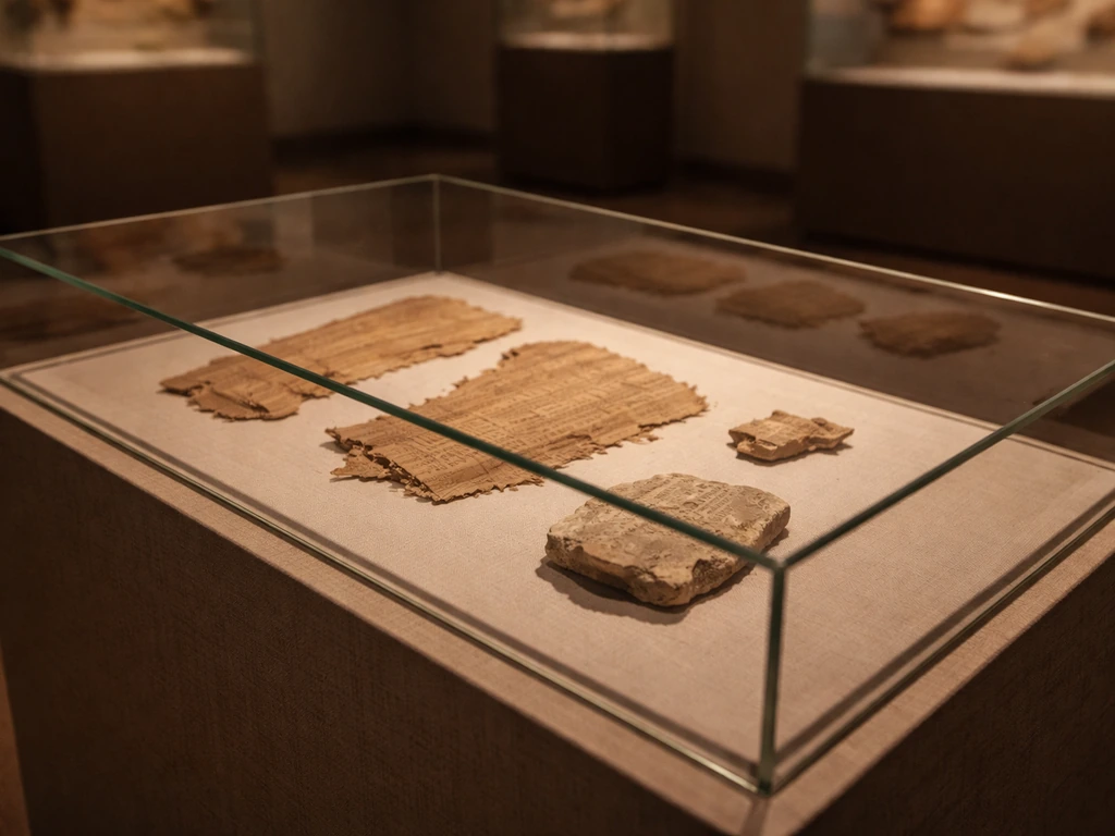 Close-up of ancient papyrus and stone fragment in a museum case, evoking Ptolemaic revenue records.