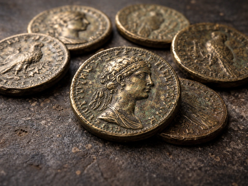 Close-up of late Ptolemaic coins with visible metal detail and inscription marks on dark stone.