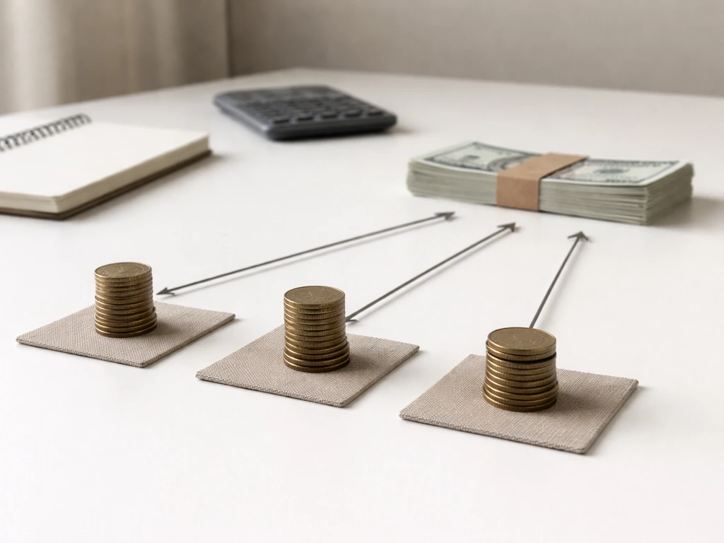 Three coin stacks with arrow objects pointing toward modern currency on a desk, symbolizing wealth conversion.