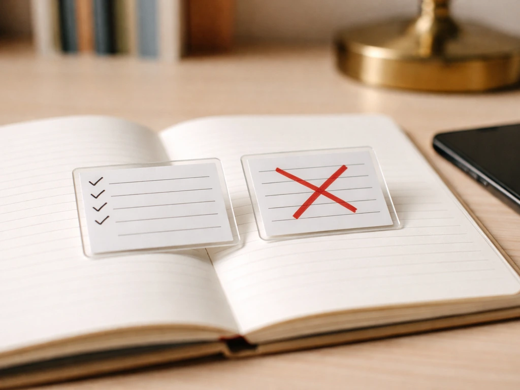 Minimal desk scene with a notebook, checkmarks vs a red X, symbolizing verifying sources and spotting bad claims.