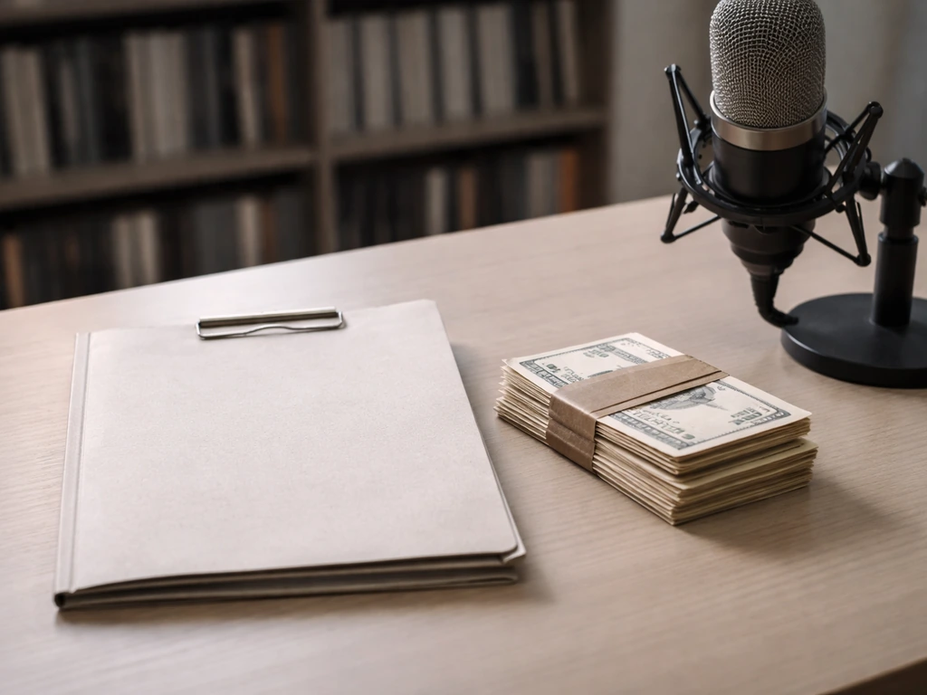 Minimal desk scene with a generic contract folder, cash envelopes, and a studio microphone.