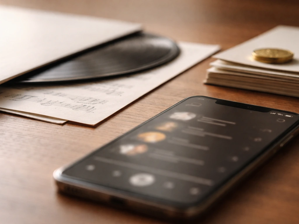 Close-up of royalty distribution theme: vinyl sleeve and sheet music beside a smartphone-like screen in warm light.