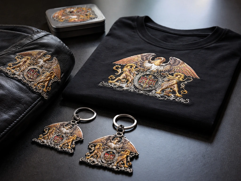 Merchandise items on a dark table showing a crest logo on a shirt, jacket patch, and keychains.