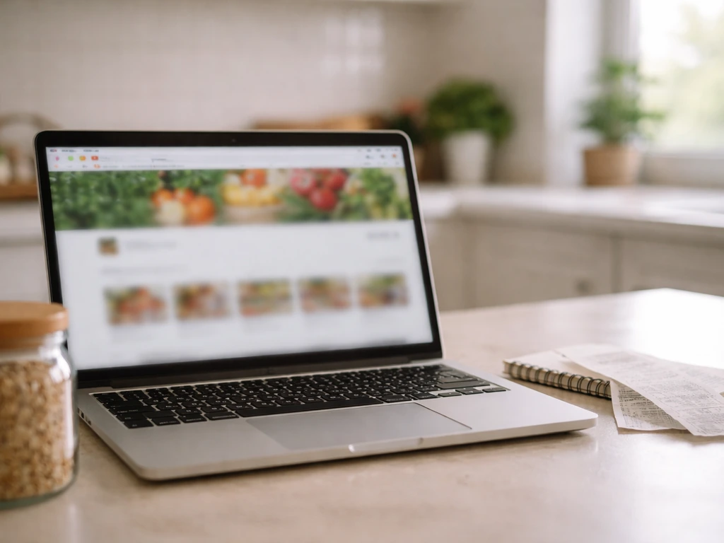 Laptop on a kitchen counter showing a blurred YouTube channel page, with grocery items nearby.
