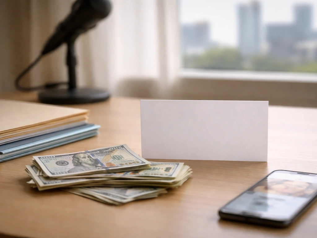 Desk scene with cash and a blank comparison card, plus a microphone and city view in soft background.
