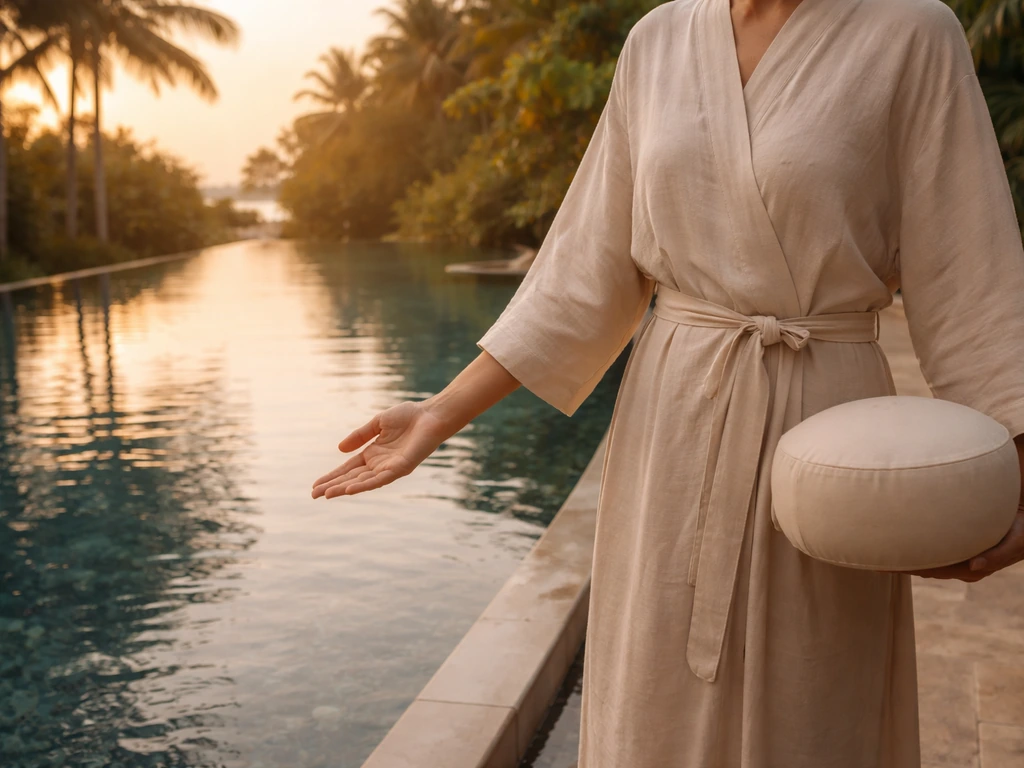 Anonymous Thai resort wellness mentor by a quiet infinity pool at sunset, evoking White Lotus casting context.