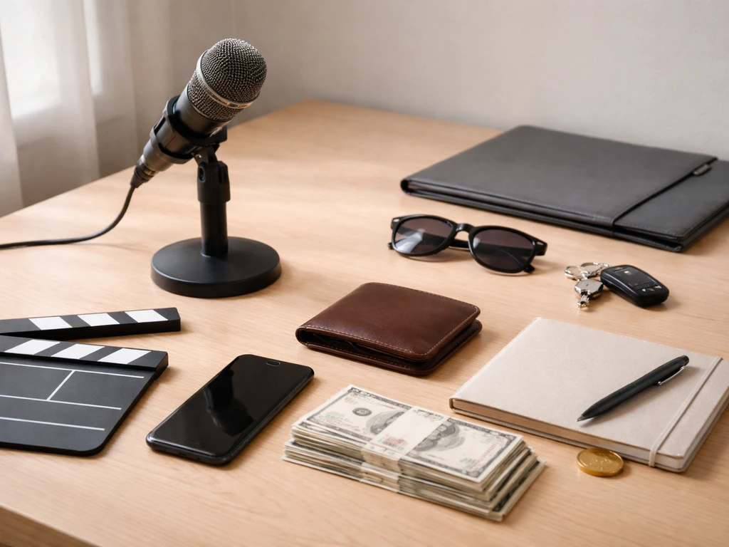 Minimal studio desk scene with microphone, wallet, and generic money symbolizing sources of actor net worth