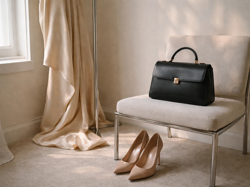 Luxury fashion endorsement scene with a satin dress, handbag, and shoes in soft natural light.