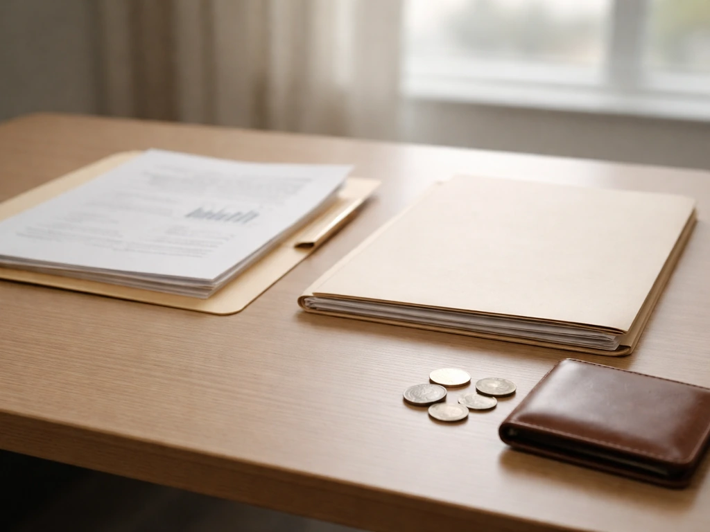 Close-up of business paperwork and a plain wallet on a desk, symbolizing company value vs personal wealth.