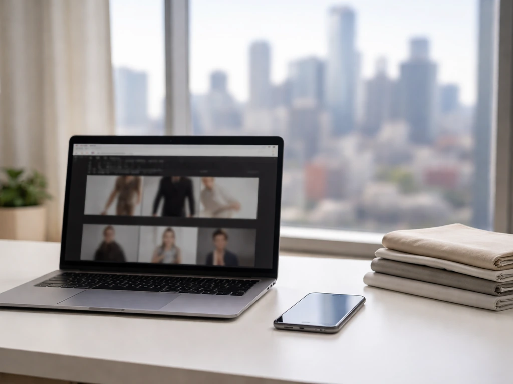 Laptop and phone on a desk with fashion items, with a blurred city view—symbolizing a brand under a parent company.
