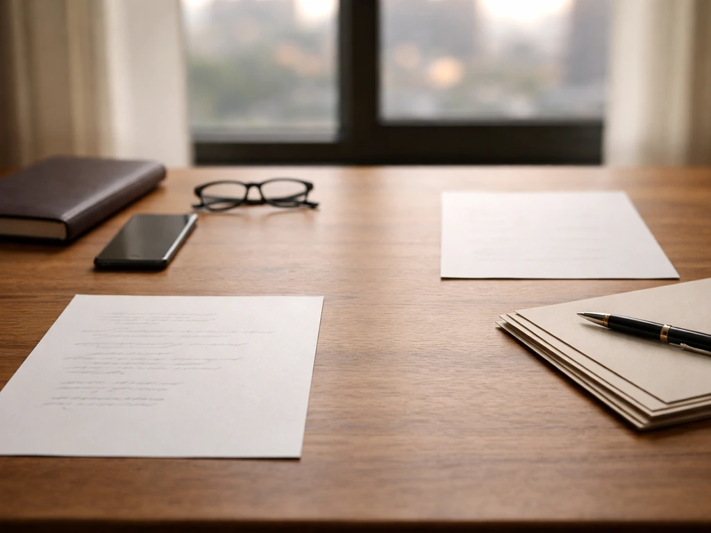 Minimal desk scene with papers and pen, symbolizing valuation inputs and net-worth calculation work.
