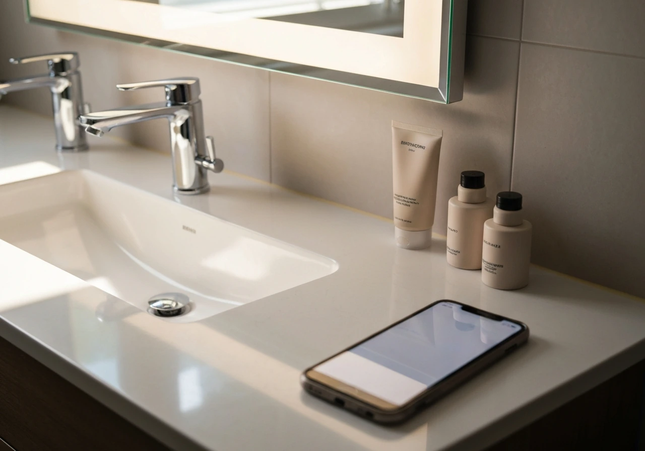 Minimal photo of a bathroom sink with a smartphone displaying a blurred social feed vibe, symbolizing TikTok earnings es