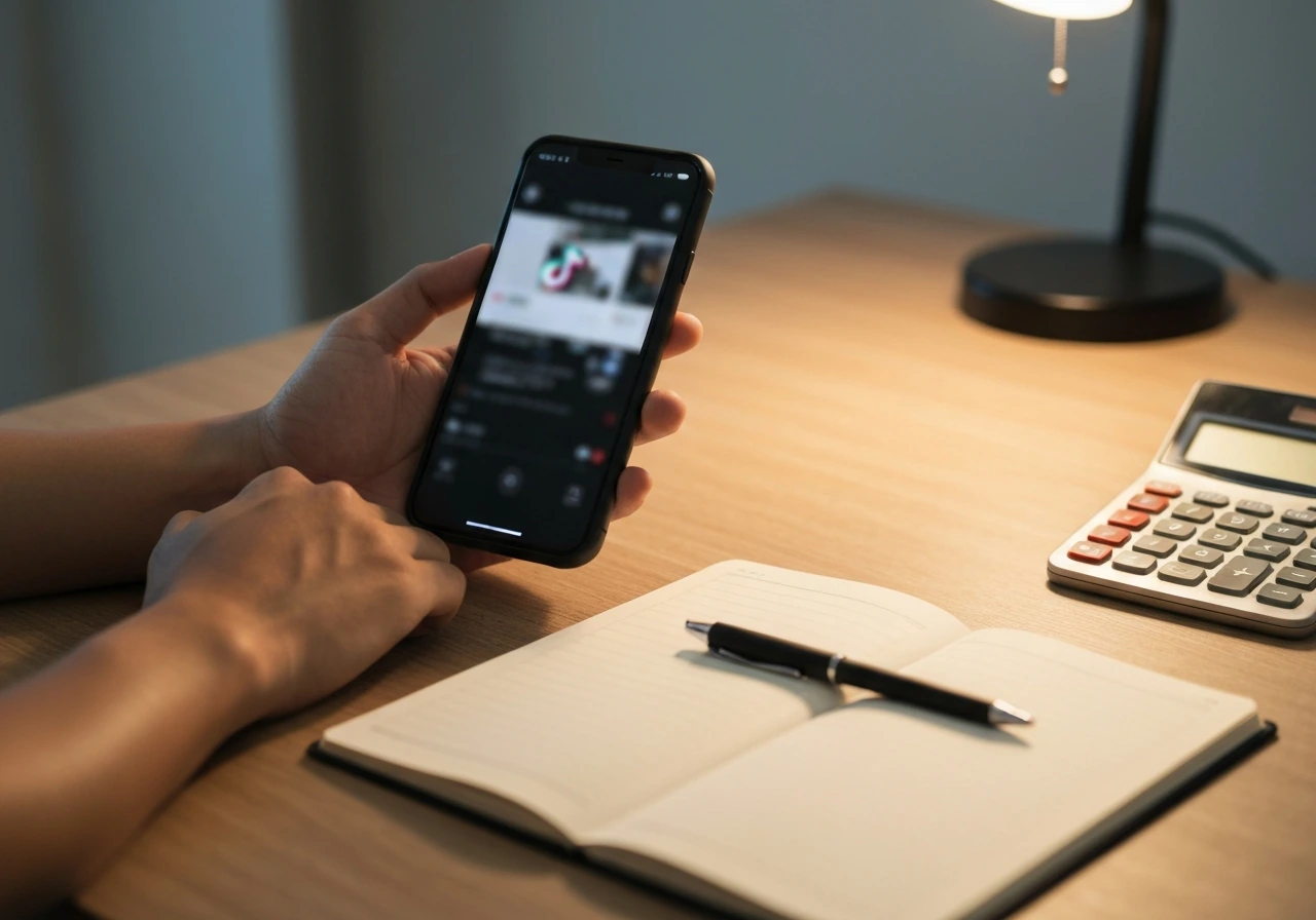 Minimal desk scene with a smartphone showing a blurred video feed beside a notebook for estimating TikTok revenue.