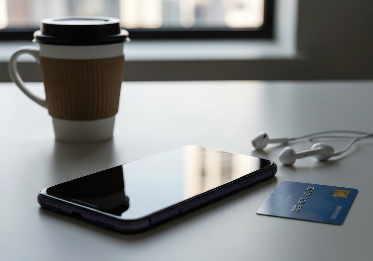 Close-up of a smartphone on a desk next to a coffee cup, suggesting social media sponsorship revenue.