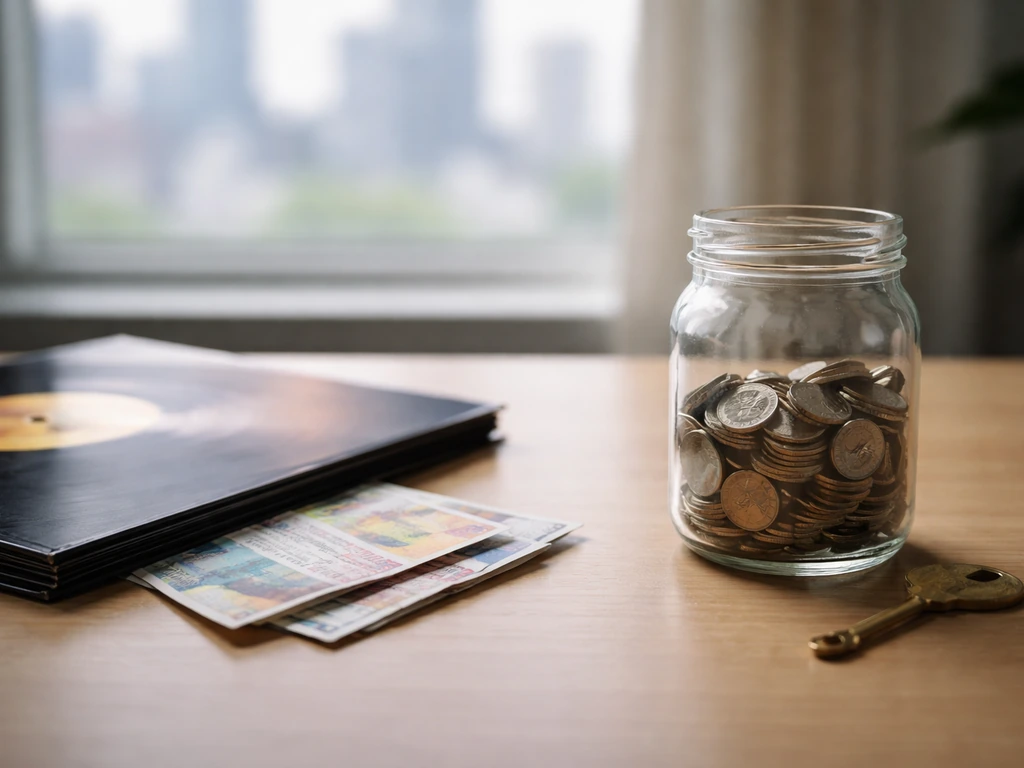 Minimal music-industry desk scene with vinyl, tickets, and coins in a jar symbolizing group vs member value.