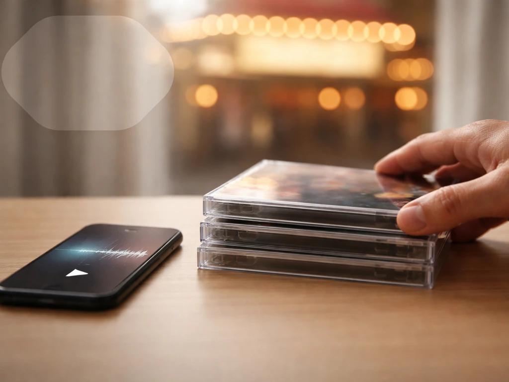 Album cases stacked beside a phone with abstract streaming graphics and a soft broadcast badge glow.