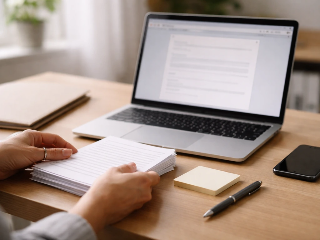Hand placing papers and sticky notes beside a laptop showing a blank web page for self due diligence.