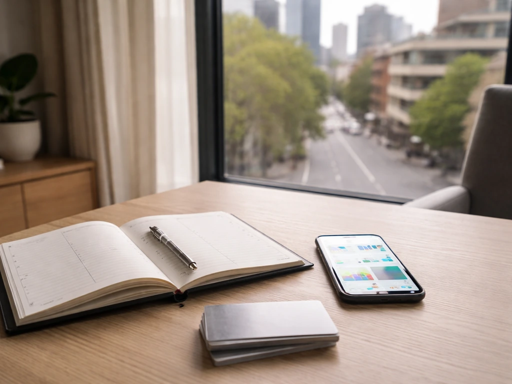 Minimal desk scene with finance creator tools and a view of Australian city buildings in the background.