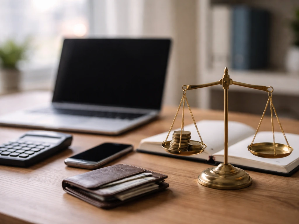 Minimal desk scene with coins and a balance scale symbolizing assets minus liabilities.