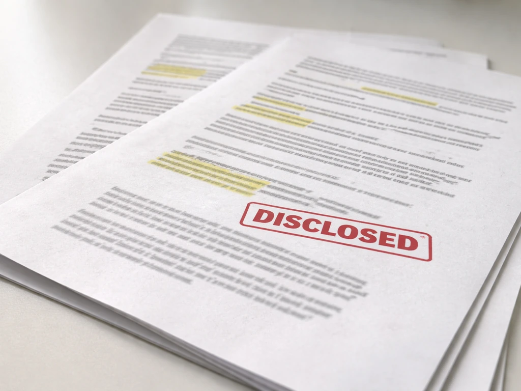 Close-up of generic regulatory document pages with a stamp-like disclosed marker and highlighted sections