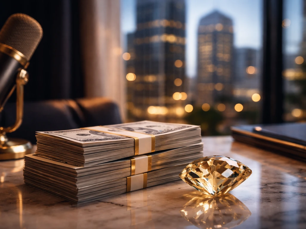 Minimal collage showing stacked cash, jewel-like icon, and a blurred city-office backdrop symbolizing top female net wor