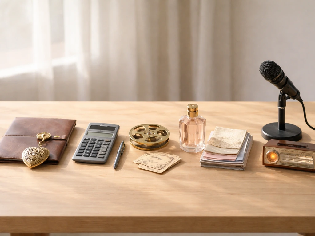 Minimal table scene with symbolic objects representing inherited, self-made, entertainment, fashion, and media wealth ca