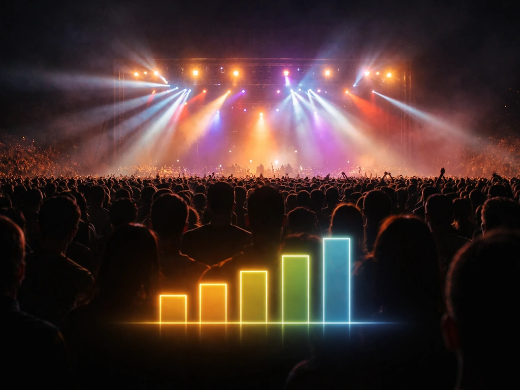 Crowd at a night concert with bright stage lights and a generic glowing revenue-style overlay