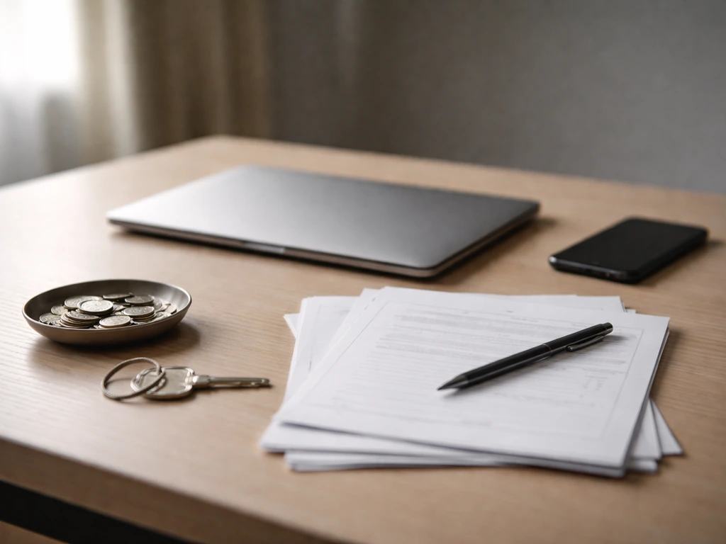 Minimal desk scene with scattered financial documents and a closed laptop, symbolizing differing net worth estimates.