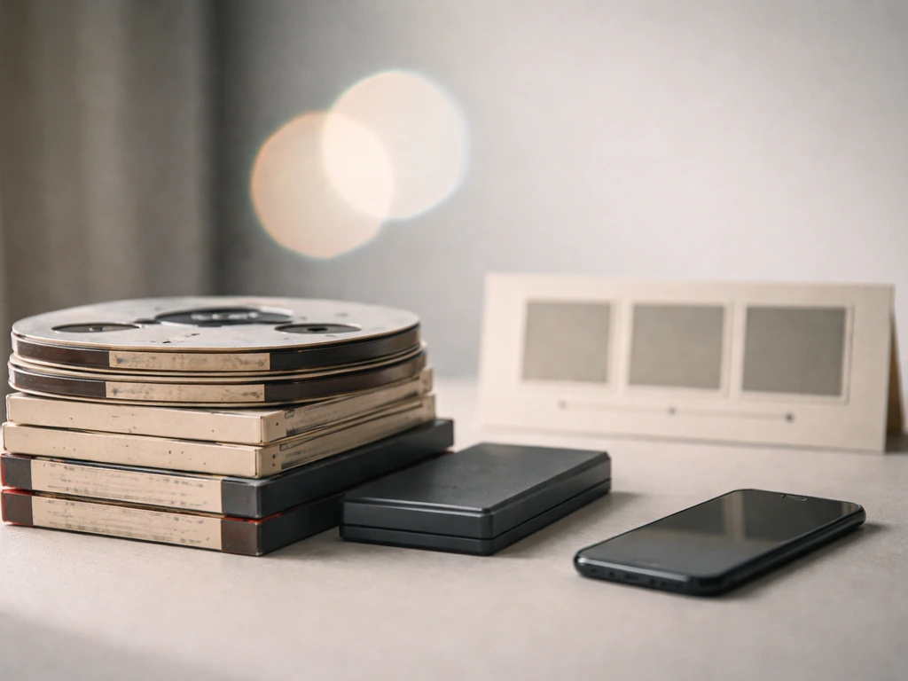 Master recording tapes and a smartphone on a simple table, implying rights ownership and re-recording.