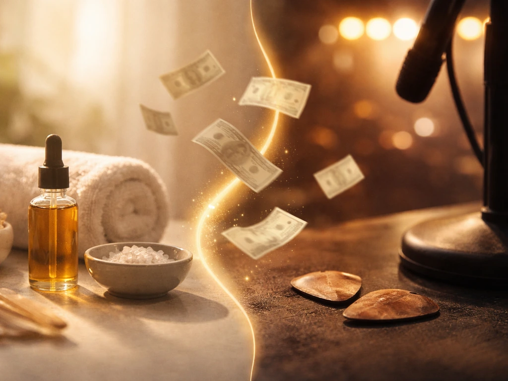 Wellness product and rock studio objects blended with subtle money cues, suggesting an income investigation.