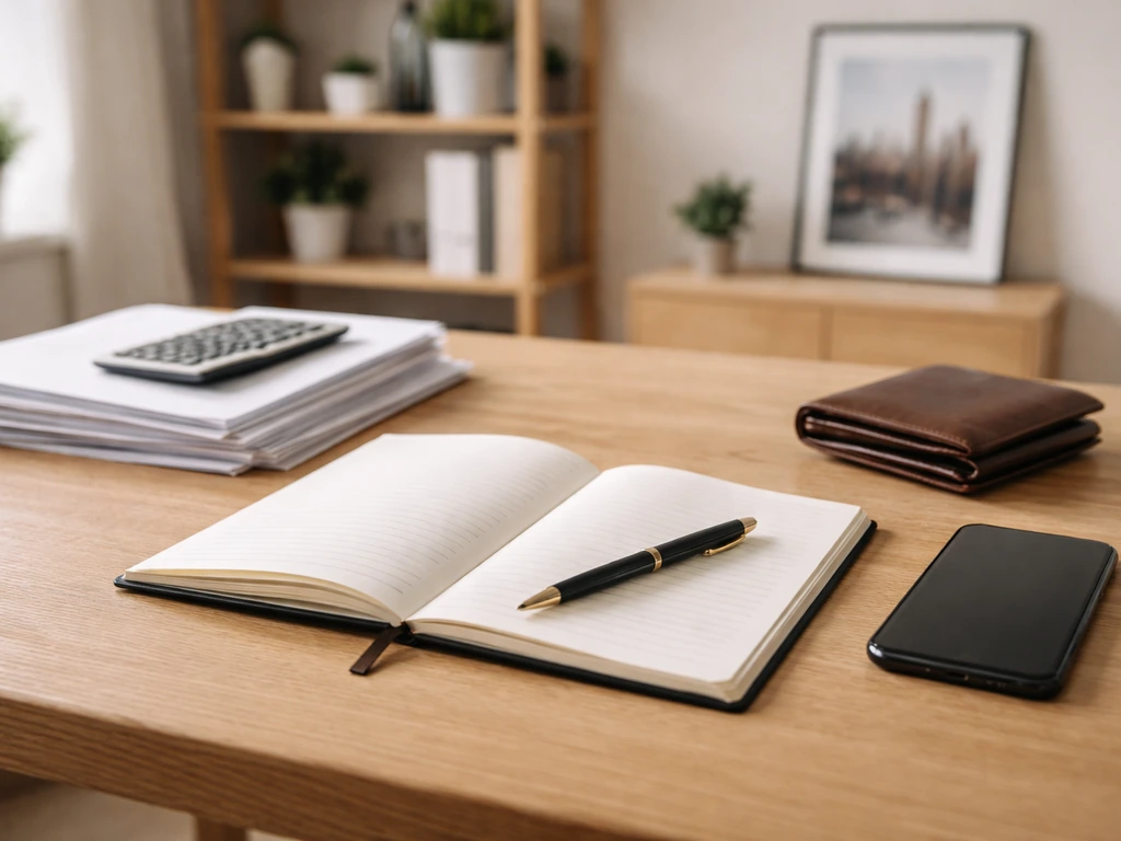 Minimal home office desk with blank documents, pen, and wallet symbolizing wealth calculation inputs.