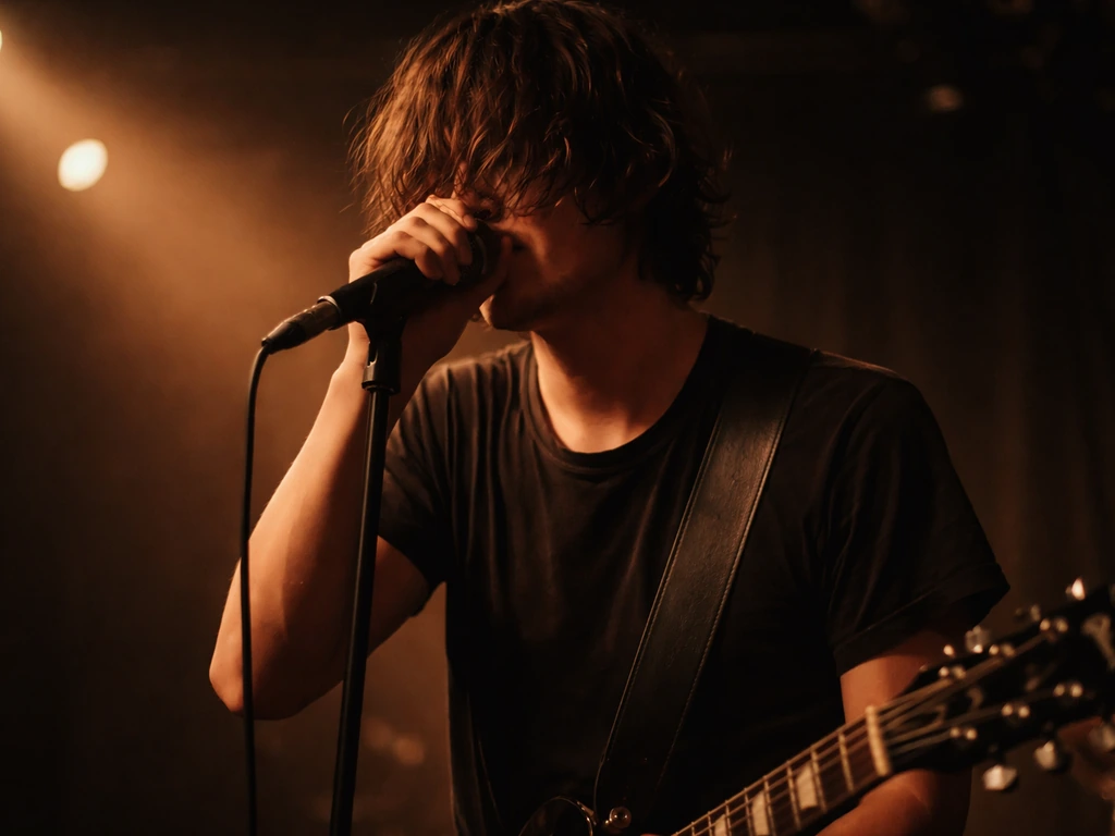 Rock musician on a small stage holding a microphone under warm stage lights