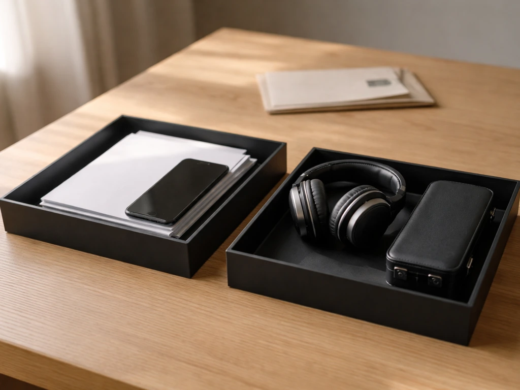 Minimal table scene with two trays symbolizing brand proceeds vs music earnings, with an unmarked envelope behind.