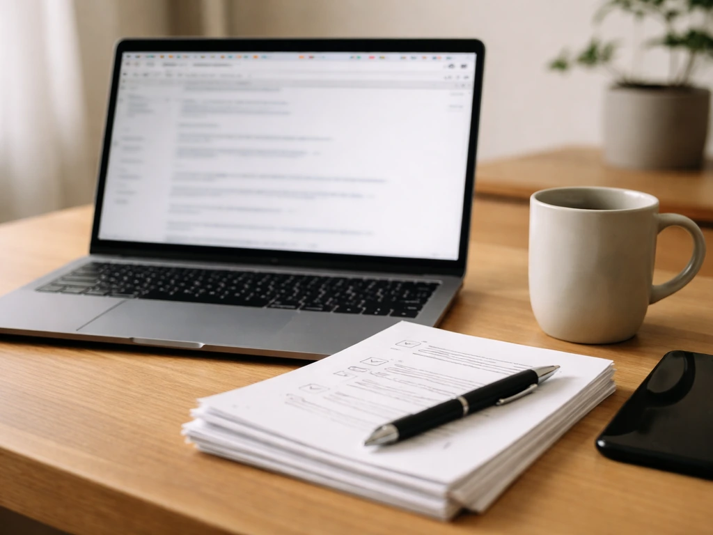 Person researching on a laptop with open browser tabs and printed notes about updating public business info.