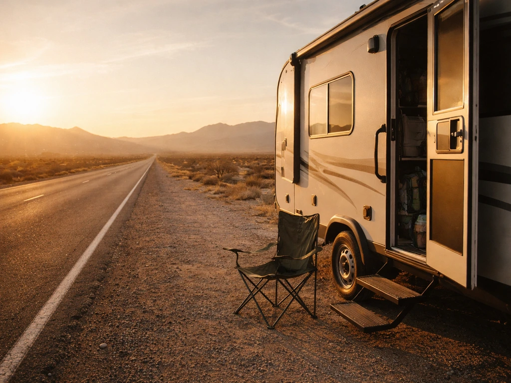 Woman’s RV travel vibe on open highway with a parked RV at sunset, evoking creator income and lifestyle