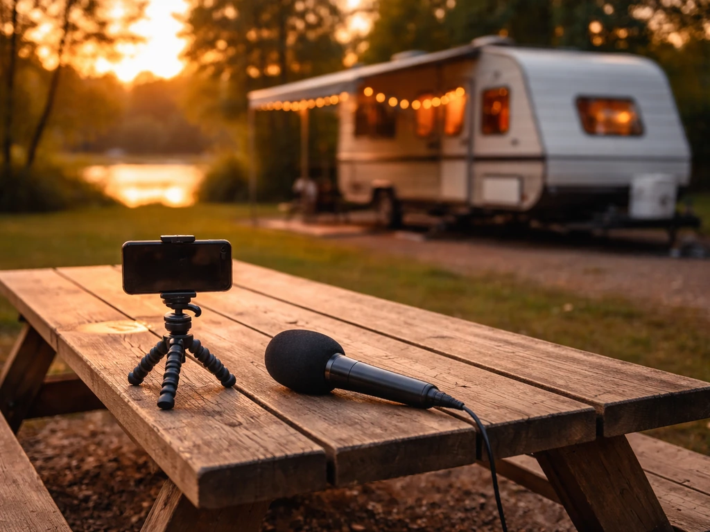 Empty RV park scene with a microphone and phone tripod on a picnic table, evoking travel media and business.
