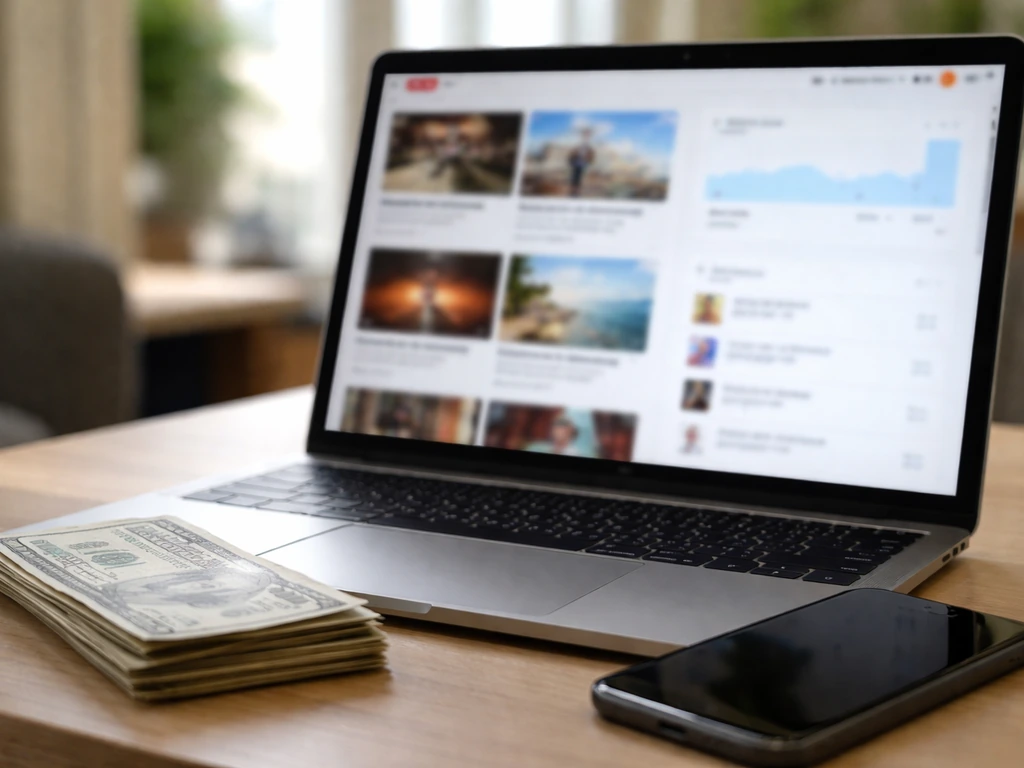 Close-up of a laptop showing blurred video thumbnails and ad-monetization style cards, with cash nearby
