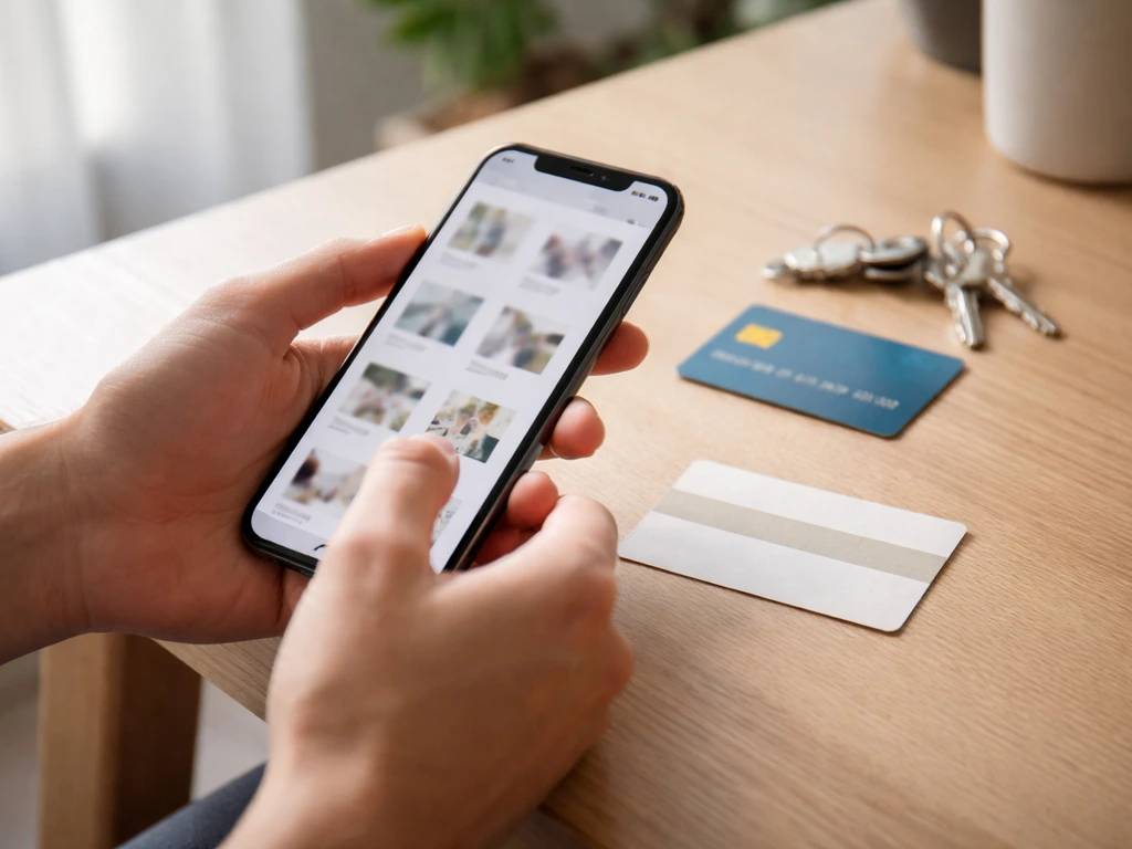 Hands browsing a phone shopping storefront with a credit card and blank coupon card on a desk.