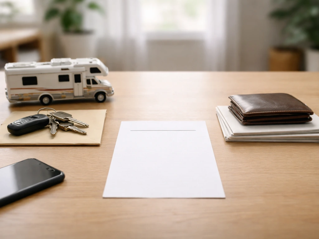 Minimal desk scene with toy RV and keys beside blank bills to symbolize assets vs liabilities.