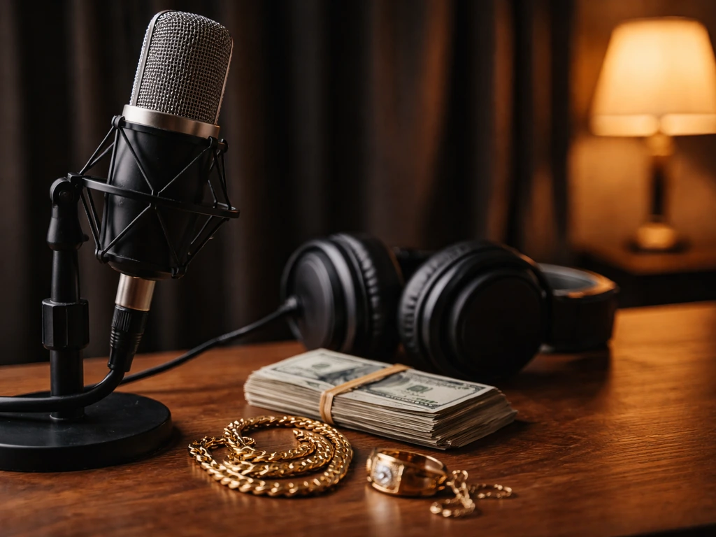 Unbranded studio microphone, headphones, cash, and gold jewelry on a desk in a moody entertainment setting.