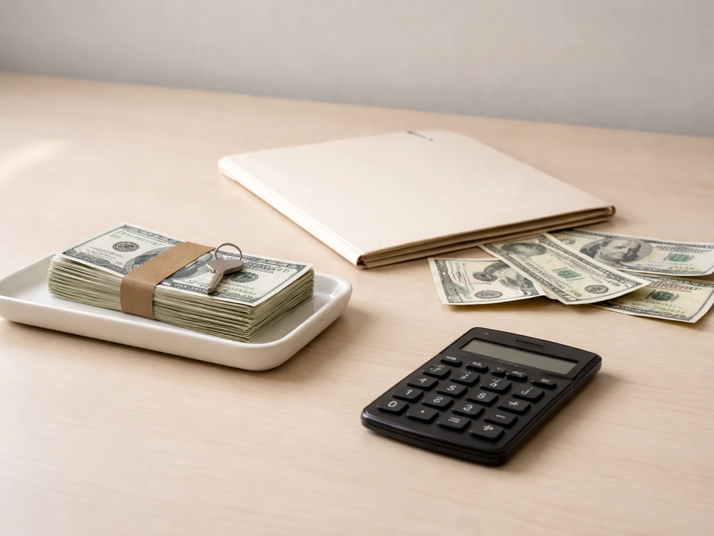 Minimal desk scene showing money and liabilities items, symbolizing assets minus liabilities for net worth.